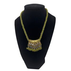 Gold-Tone Pendant Necklace With Green Braided Cord & Embellished Stones